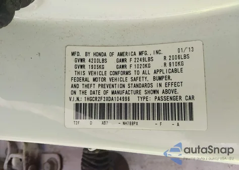 2013 Honda Accord Lx z USA, uszkodzony, nr VIN 1HGCR2F3XDA104996